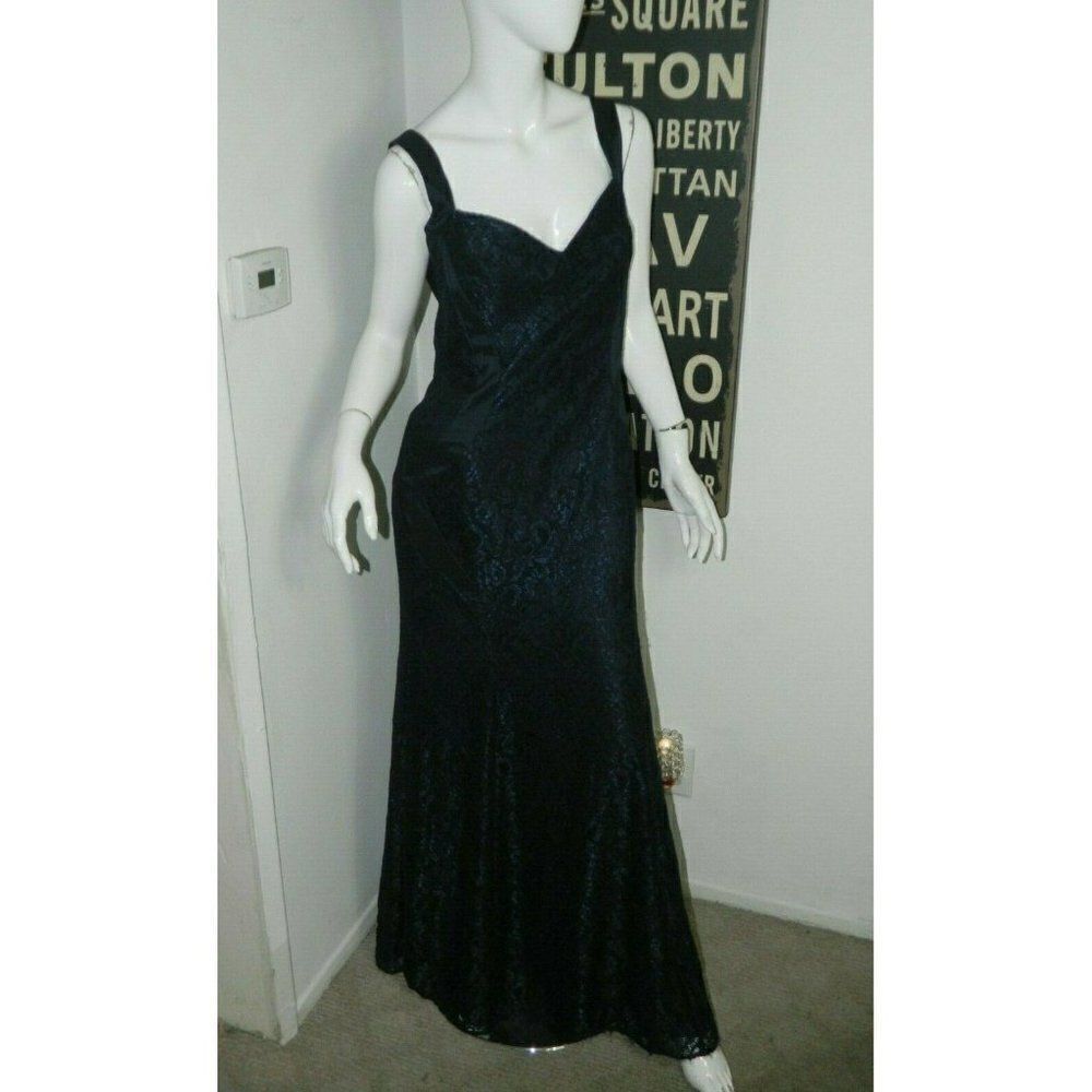 Monique Lhuillier Dress Evening Gown Maxi Navy Blue Lace Satin Trim Gown Size 10
